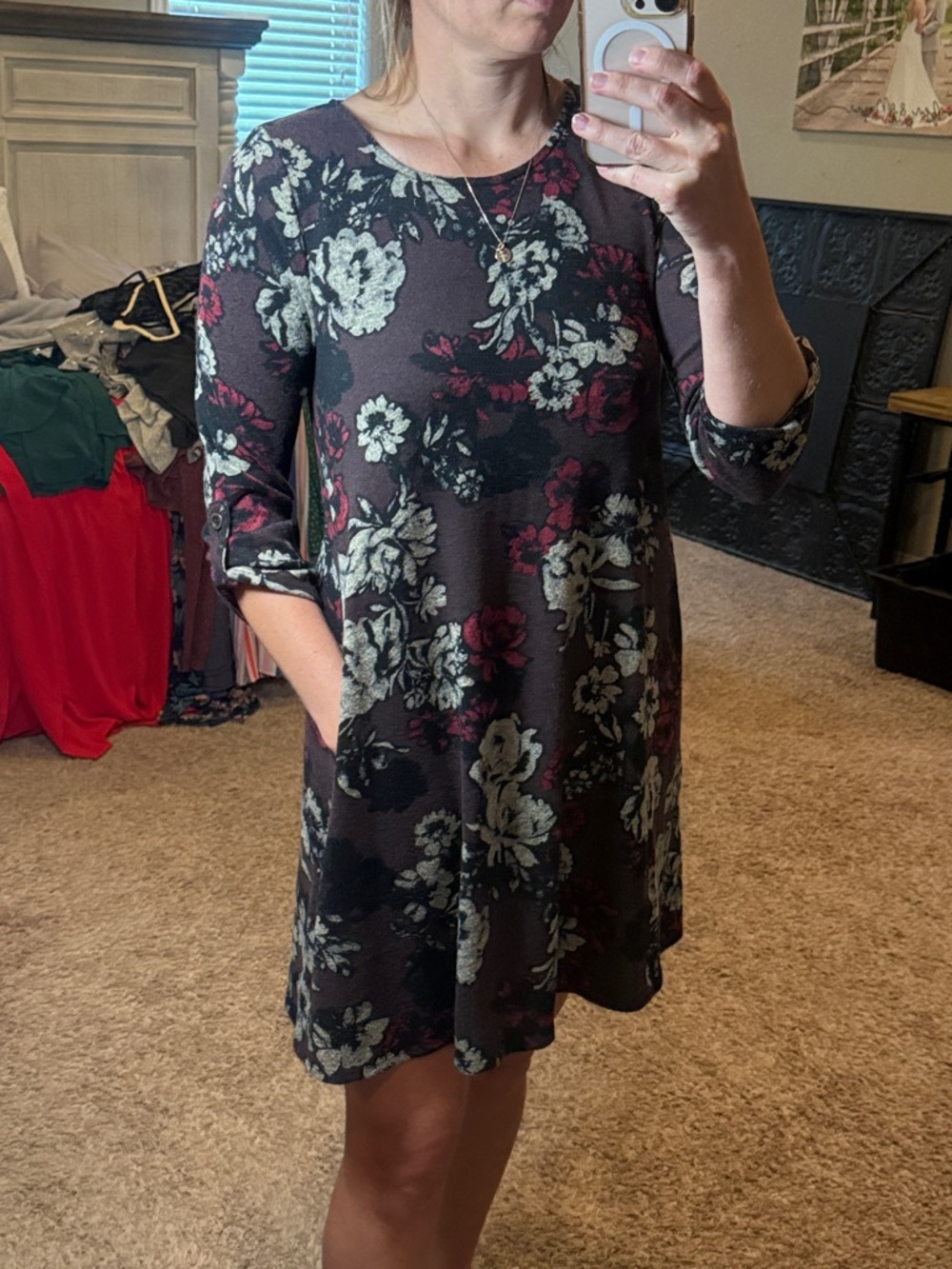 Apt. 9 Black Floral Long Sleeve Swing Dress